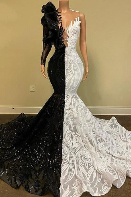 Black And White Prom Dress, Lace Prom Dresses, Mermaid Prom Dress, Long Sleeve Prom Dress, Vintage Prom Dresses