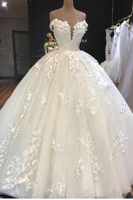 Off White Wedding Dress, Princess Wedding Dresses, Lace Applique Wedding Dresses, Sweetheart Neck Wedding Dresses