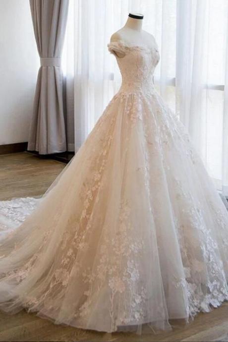 Ball Gown Off The Shoulder Lace Appliqued Wedding Dresses, Ivory Bridal Dresses