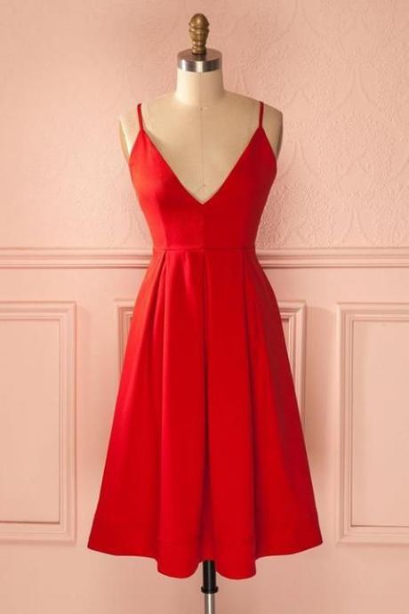 Spaghetti Straps Red V Neck Short Prom Homecoming Dresses Party Gowns