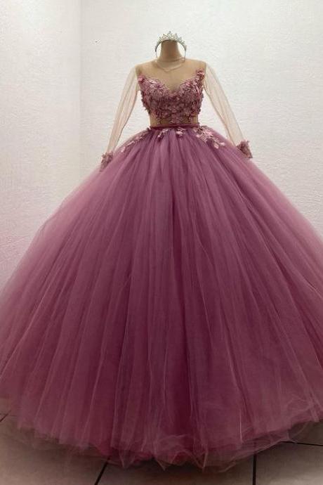 Pink Prom Dress, Lace Prom Dresses, Ball Prom Dress, Long Sleeve Prom Dress, Vintage Prom Dresses