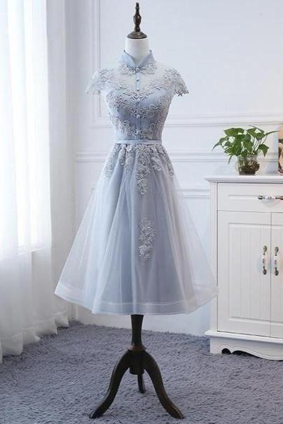 Light Grey Tulle With Lace Short Party Dress Homecoming Dress, Cap Sleeves Formal Dress