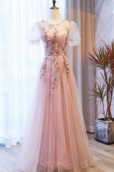 Pink Tulle With Puffy Sleeves Floral Long Evening Dress, Pink Long Party Dress Formal Dresses