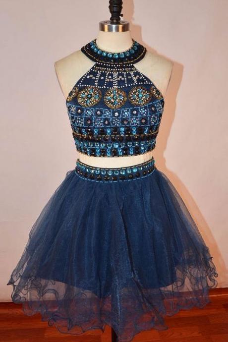 Crystals Navy Blue Homecoming Dresses Halter A-line Beading Semi Formal Dresses
