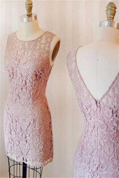 Sheath Pink Lace Scoop Neckline Open Back Short Simple Homecoming Dresses