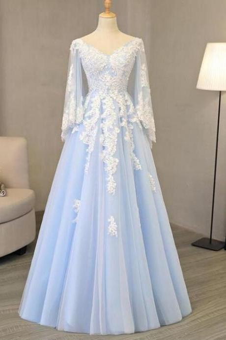 V Neck Light Blue Tulle Prom Dress,lace Appliques A-line Evening Gowns