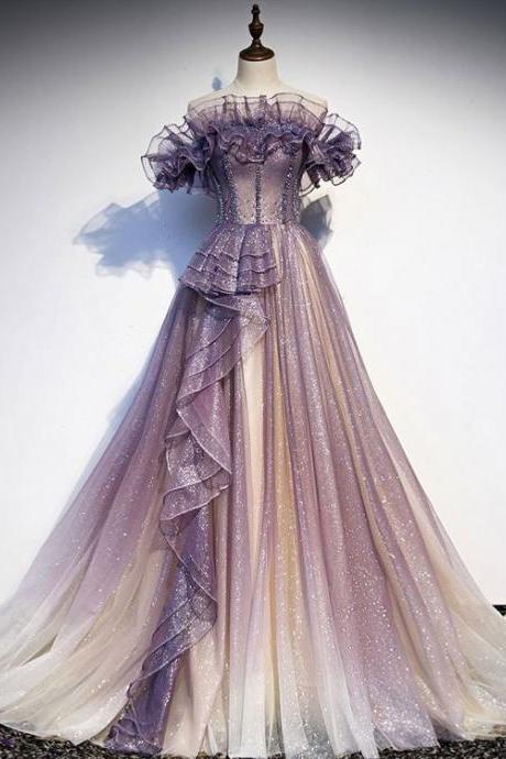Purple Tulle Sequin Long Prom Dress Purple Evening Dress