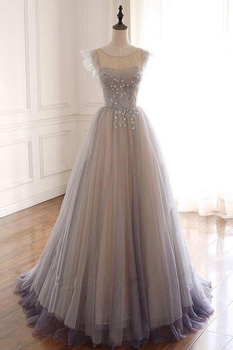 Gray Purple Round Neck Tulle Long Prom Dress Tulle Formal Dress