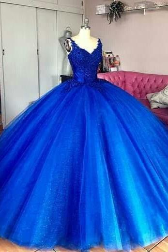 Blue Wedding Dress Tulle Ball Gown Lace Prom Dress