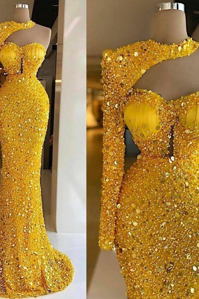 Fashion Yellow Prom Dress Floor Length Sequin Party Dress