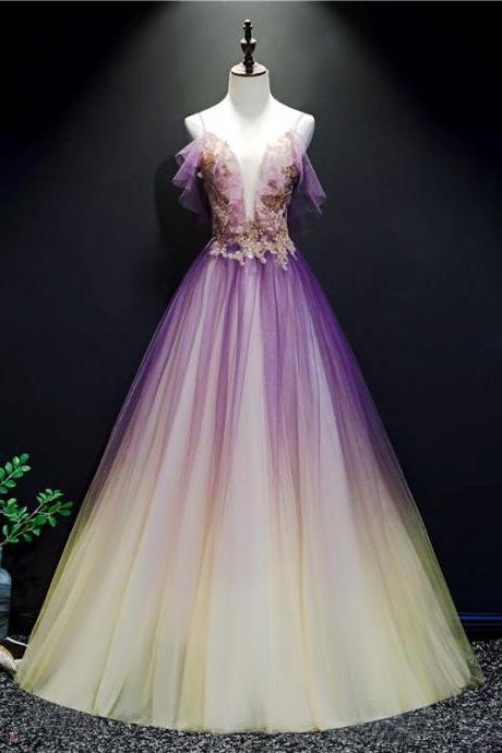 Purple And Yellow Gradient V-neckline Straps Tulle Evening Gown, Long Prom Dress Party Dress