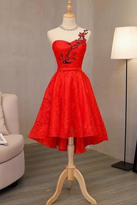Red Lace One Shoulder High Low Party Dress, Cute Formal Dress