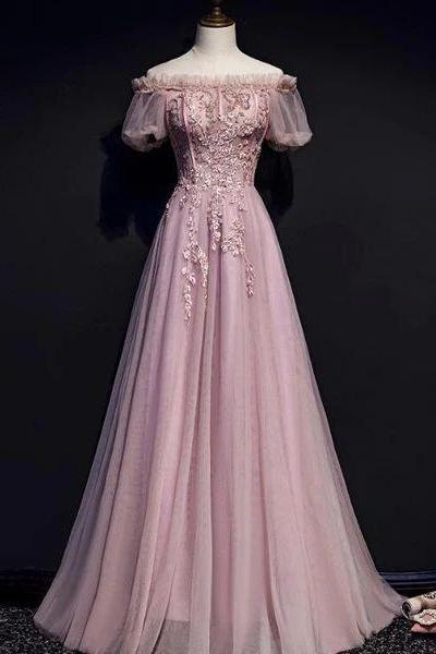 Unique Pink Off Shoulder With Lace Long Party Dress, Prom Gown