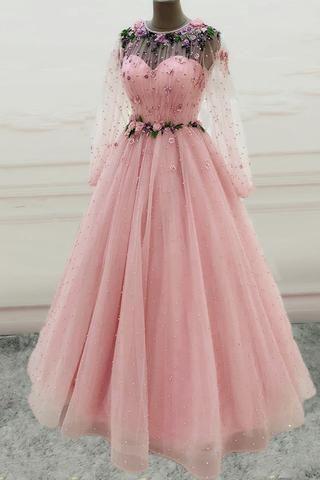 Long Sleeves Prom Dresses Princess Tulle Beaded