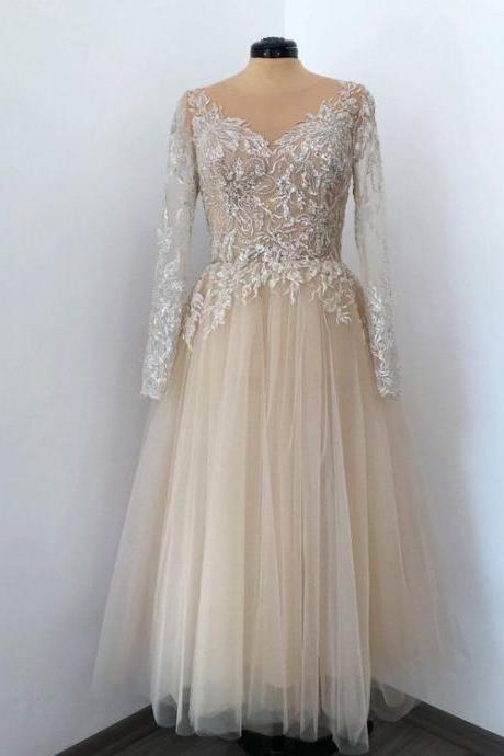Champagne Tulle Midi Dress, Applique Rhinestone Embellished Dress, Beaded Tulle Dress, Gold Prom Lace Dress