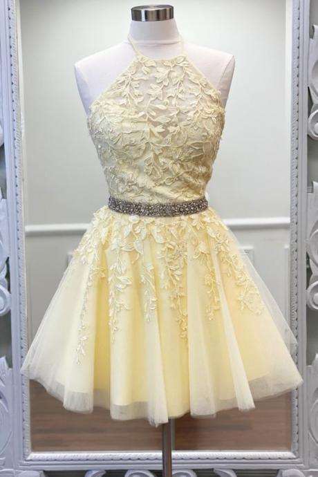 Yellow Halter Appliqued Homecoming Dress with Beading Belt