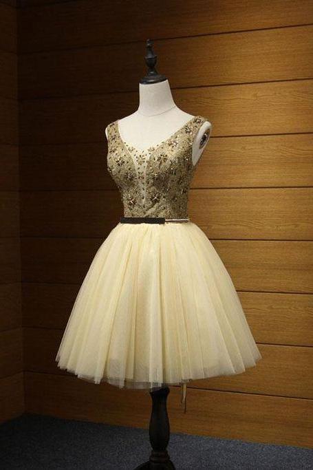 Cute gold tulle lace short prom dress, cute evening dress