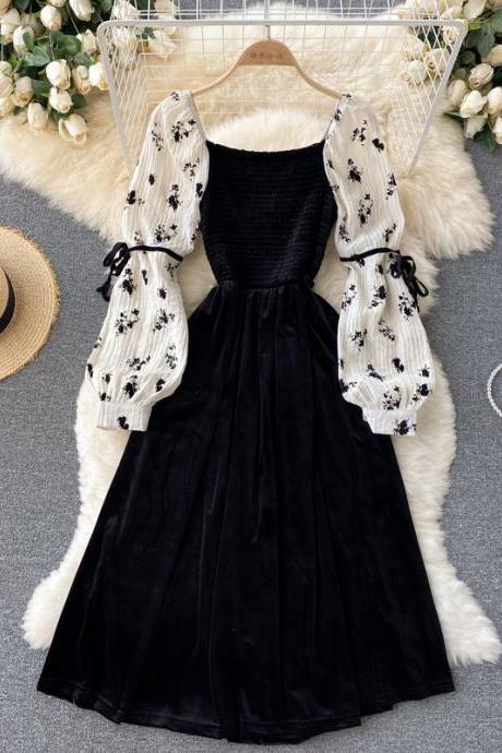 Black velvet A line long sleeve dress fashion dress