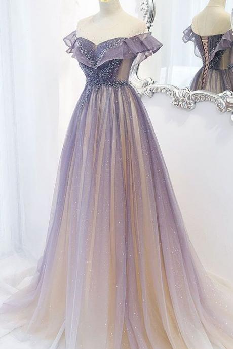 Purple tulle sequin long prom dress