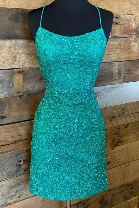 tight green sequins straps mini party dress is perfect for your homecoming dance or birthday party 