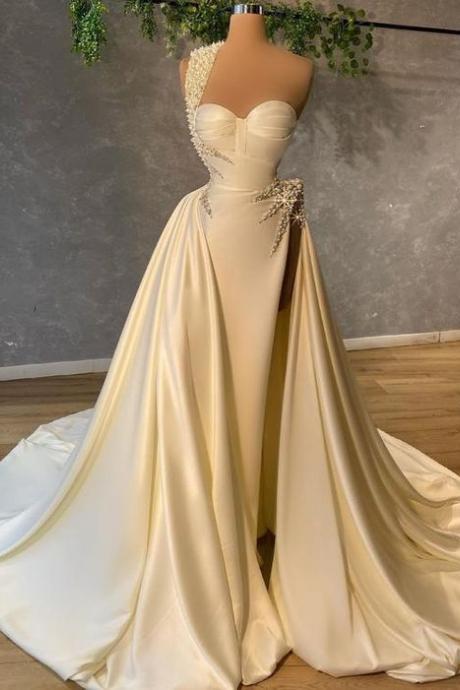 One Shoulder Pearls Satin Bridal Gown Evening Dress