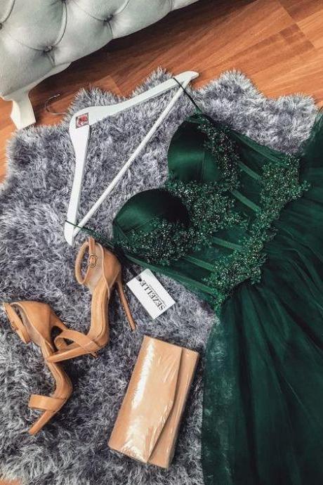 Green A-line Spaghetti Straps Long Prom Dress