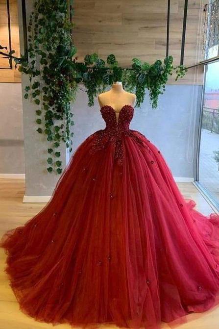 Red Beading Bodice Tulle Ball Gown Evening Dress