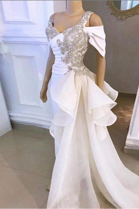 White Elegant Mermaid Prom Dresses Shiny Crystal Rhinestone Long Prom Gowns Tulle Ruffles Flowing Ribbon