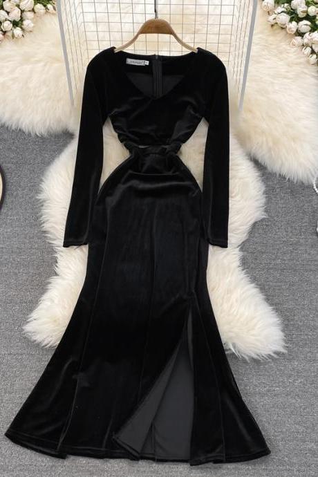 Black v neck long sleeve dress fashion dress