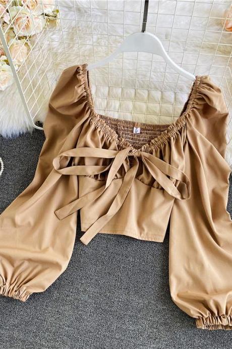 Cute v neck lace-up long sleeve tops crop tops