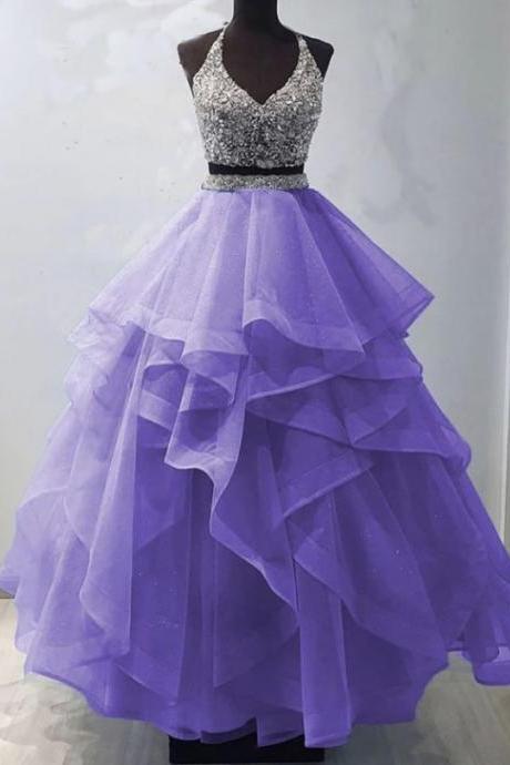 Two pieces tulle beads long prom gown evening dress
