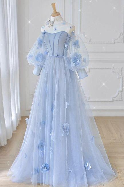 Blue tulle applique long prom dress blue evening gown