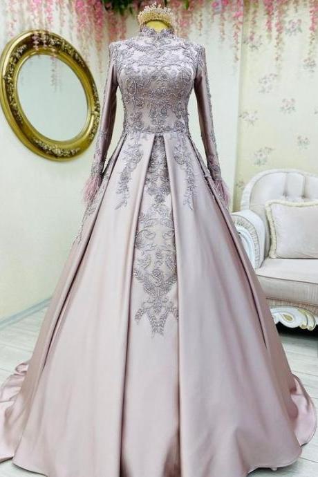 MUSLIM LONG SLEEVE FEATHER PROM BALL GOWNS