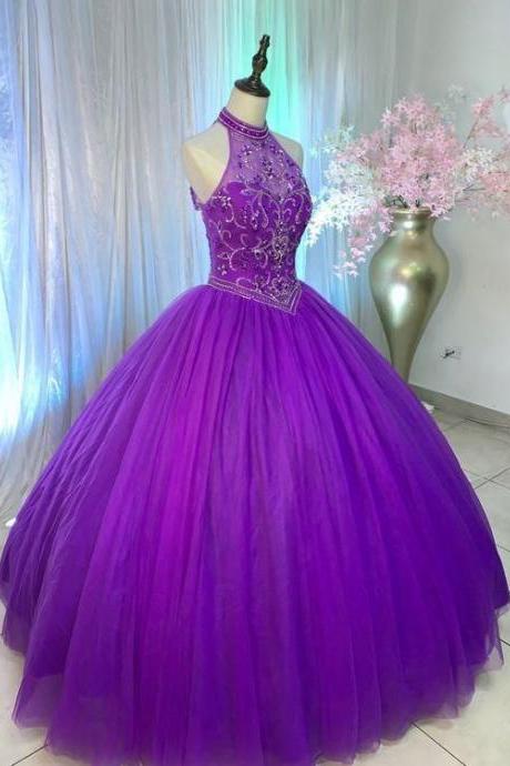 Halter Purple Prom Dress, Tulle Prom Dress