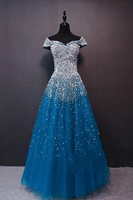Beautiful Teal Blue Sparkle Beaded Long Formal Dress, Blue Prom Dress