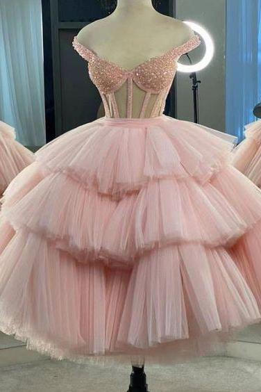 Pink prom dresses, ball gown prom dress, tiered prom dresses, ruffle prom dresses, sexy prom dresses, newest evening dresses