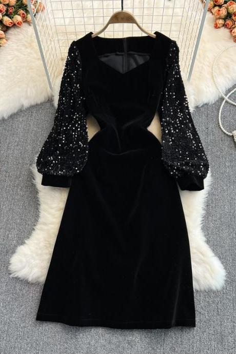 Black velvet sequins short dress fashion dress