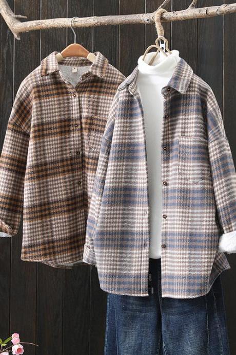 Simple wollen plaid loose shirt