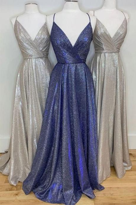 Sparkly V Neck Straps A-Line Long Prom Dress Evening Dress
