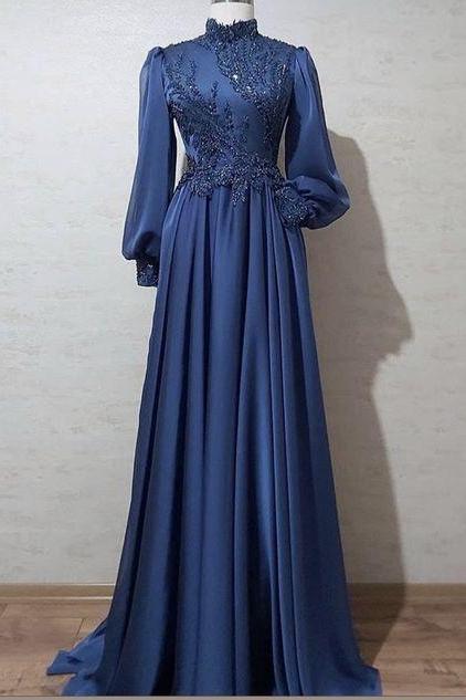 A-Line Blue Long Prom Dress Evening Dress