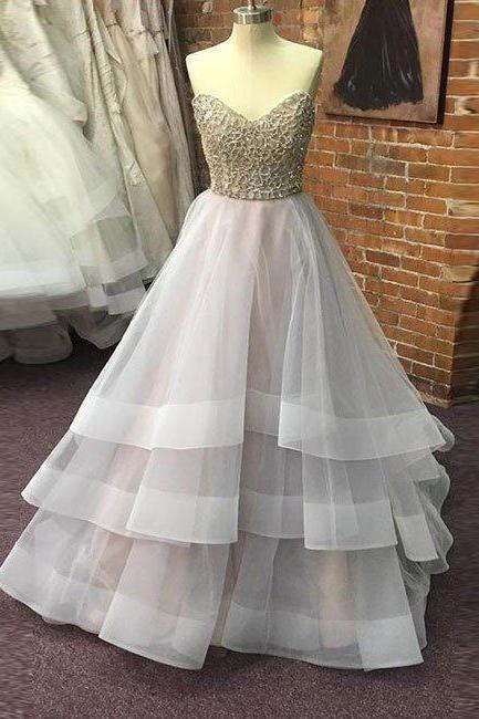 Unique Sequin Gray Tulle Prom Dress, Long Gray Evening Dress