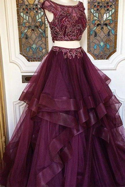 Two Pieces Burgundy Sequin Prom Dress, Long Burgundy Evening Dress ,sweet 16 Dresses,graduation Gowns