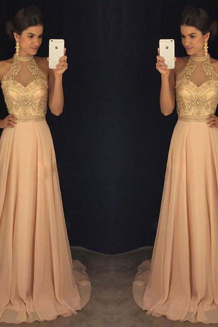 Gorgeous Champagne Bead Long Prom Dress, Champagne Formal Dress