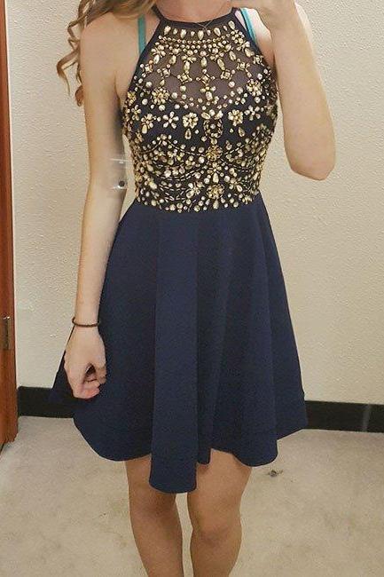 unique round neck rhinestones short prom dress, cute homecoming dress cheap prom dress,Prom Dresses for Teens