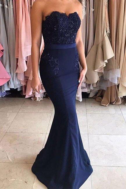  Celebrity Style dark blue lace mermaid long prom dress, bridesmaid dress