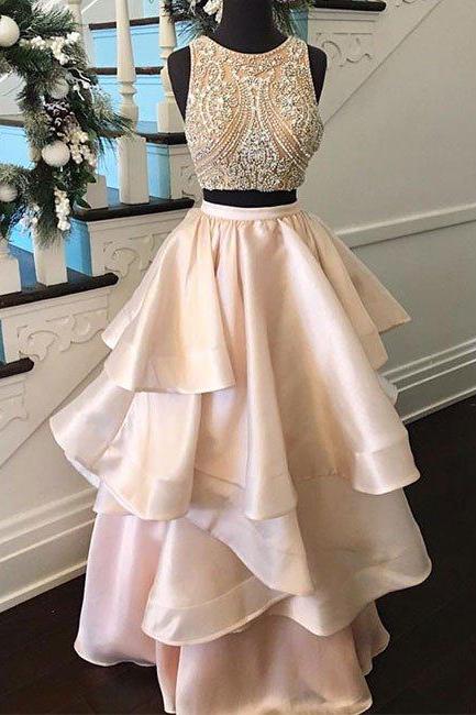 Gorgeous Pink Two Pieces Beaded Long Prom Dress, Pink Evening Dress