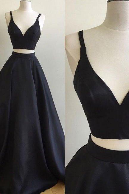  Celebrity Style simple two pieces black long prom dress, black evening dress