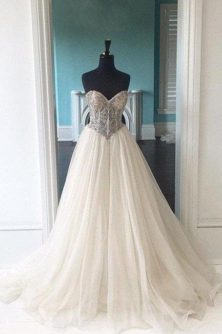 White Sweetheart Sequin Long Prom Dress, White Evening Dress