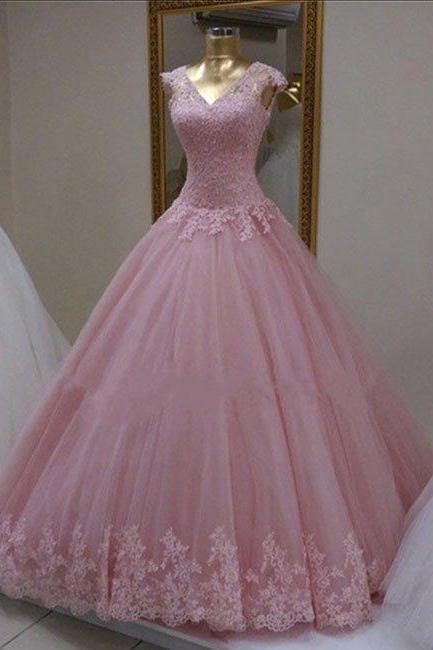 Pink Lace Tulle Long Prom Gown, Evening Dress, Sweet 16 Dress