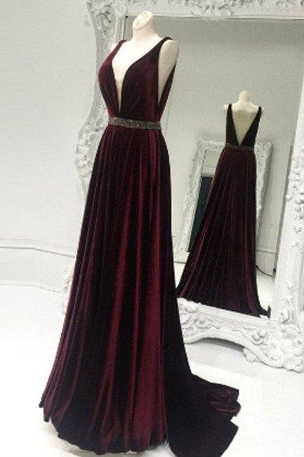  New Arrival elegant burgundy v neck long prom dress, burgundy evening dress